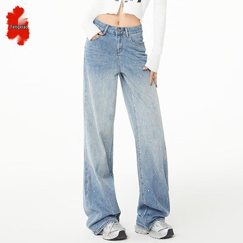 

Women s American Retro High-Waist Rhinestone Wide-Leg Jeans L