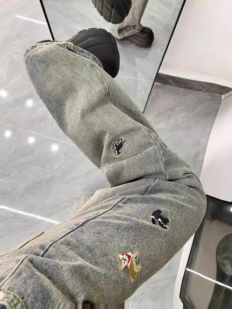 Plus Size Women's Retro Wide-Leg Jeans with Fun Puppy Embroidery