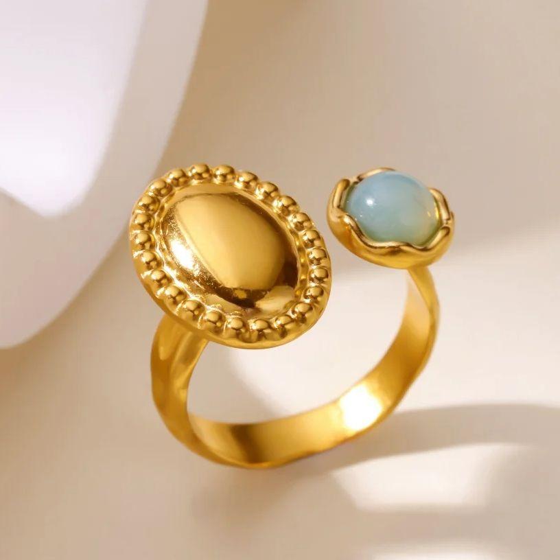 Luxury Bule Opal Oval Sun Rings For Women Girls Stainless Steel Gold Color Open Ring New Wedding Couple Jewelry Gift