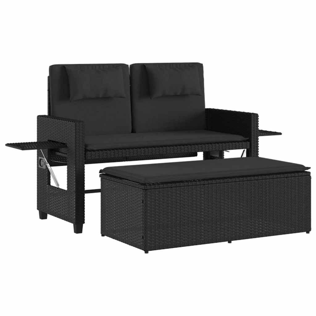 Vidaxl Folding Garden Bench With Cushions, Black, Poly Rattan