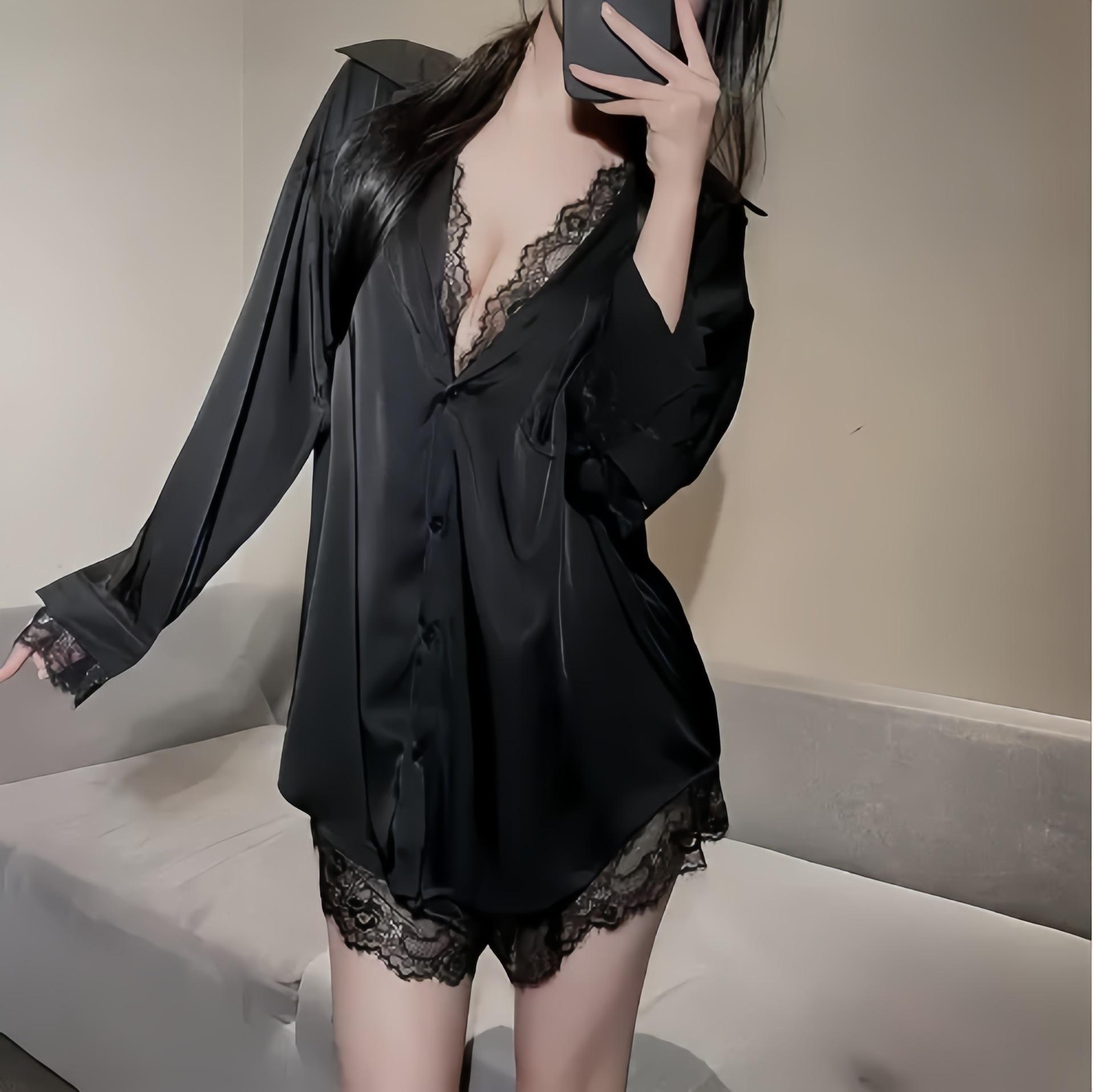 

Sexy underwear boyfriend style shirt ice silk sexy large size pure lace satin skirt loungewear XL