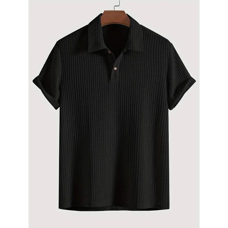 Men Waffle Knit Turn Down Collar Short Sleeve Polo Shirt Casual Breathable Solid Daily Tops