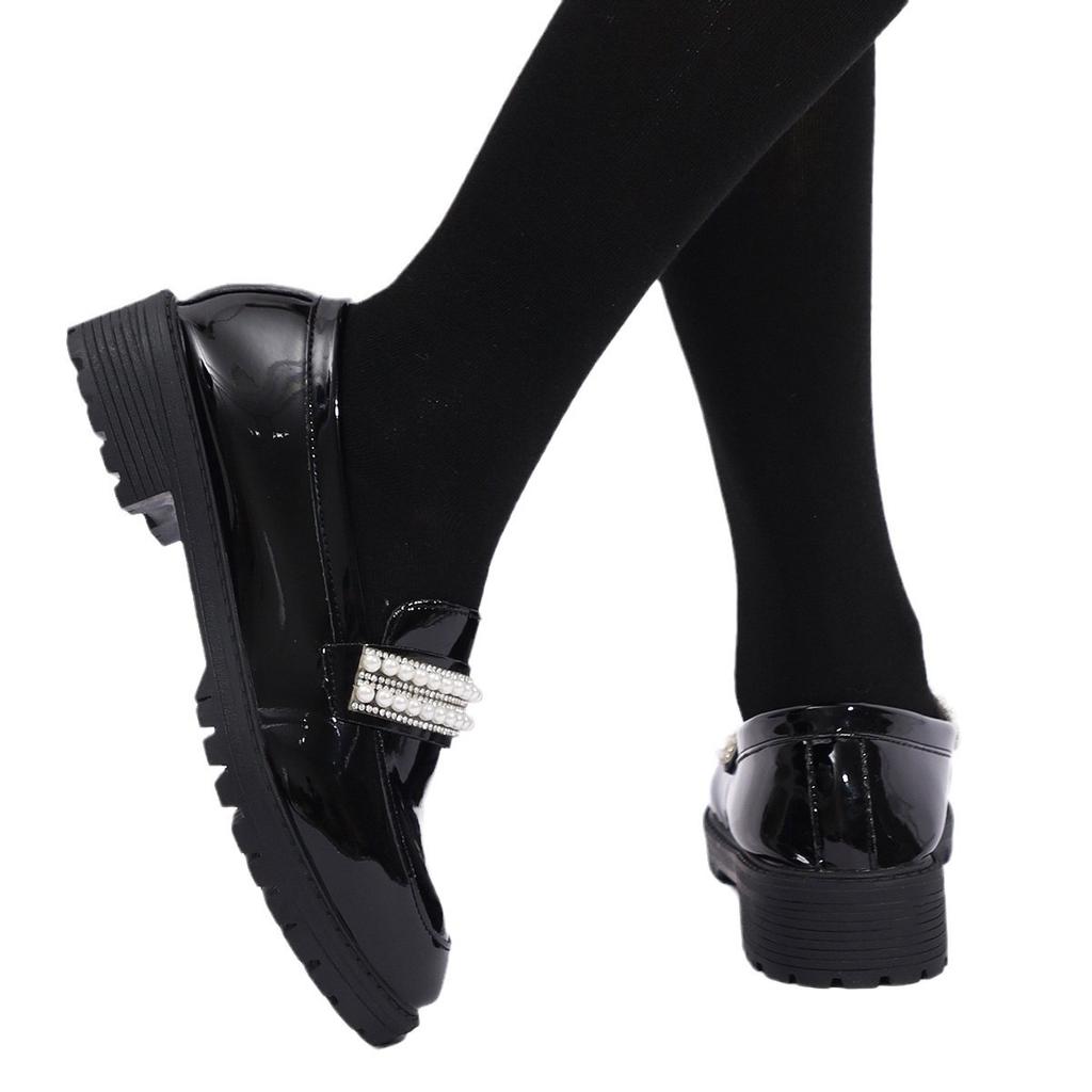 New Niche Retro One-pedal Casual Single Shoes Large Size Medium Heel Pearl Lady Small Leather Shoes