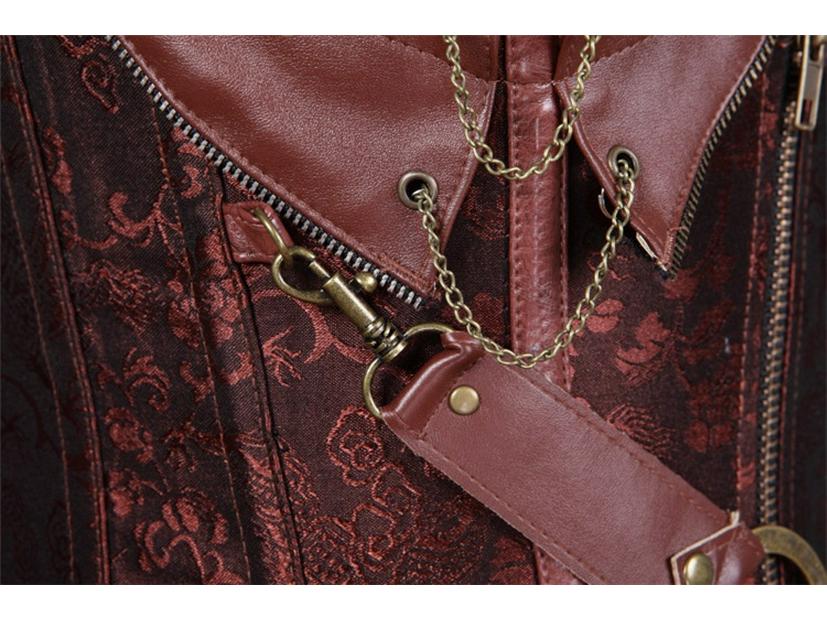 Europejski Styl Brązowy Skórzany Gorset z Paskiem i Halterem, z 14 Stalowymi Fiszbinami - Punkowy Kombinezon Modowy.