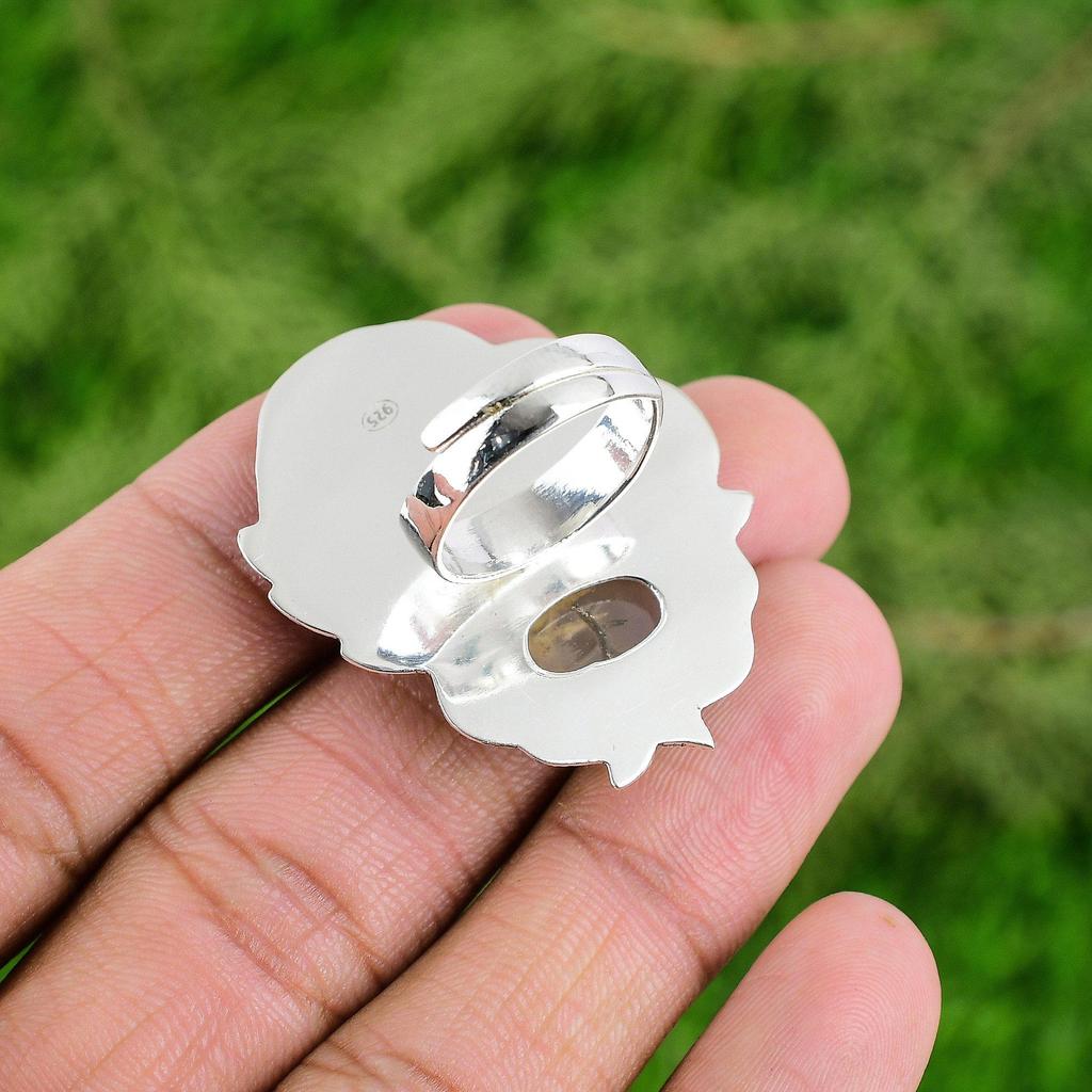 Oval Plume Agate Stone Daughter Bezel Stackable Statement Ethnic Ring 925 Silver