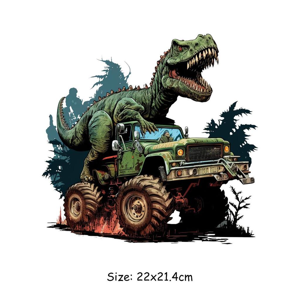 Dinosaurlapper Cartoon Truck Varmeklebende overføring Kunst Håndverk Strykeklær Applikert gjør-det-selv-tilbehør Strykelapper Dyr