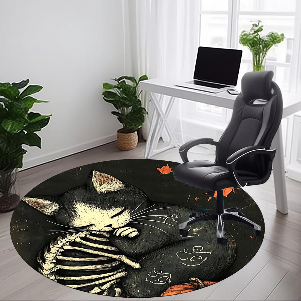 1pc Cat Skeleton Office Round Area Rug, Under Office Chairs Bedroom Living Room Home Decor, Room Deco, Available in Various Sizes
