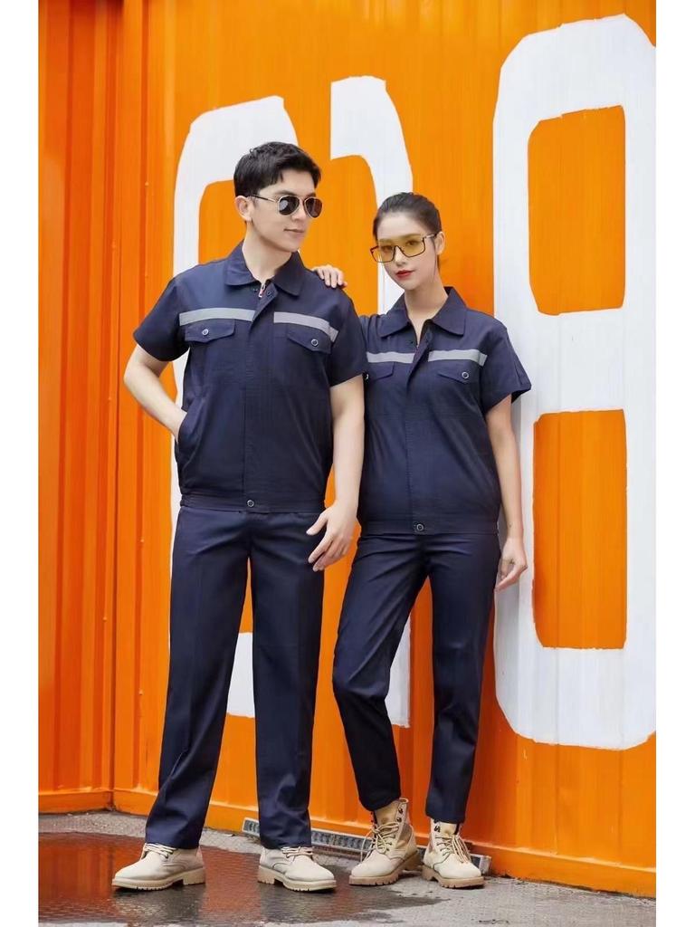 Summer Lightweight Polyester Cotton Reflective Workwear Set - Long Sleeve Protective Clothing for Construction and Workshop Use.