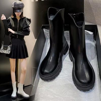 Laarzen Platte Platform Dames Rubber Schoenen Regen Klompen Medium Blokhakken Stof Kort Pluche Basis PU met Katoen Medium Hak Laarzen Dames
