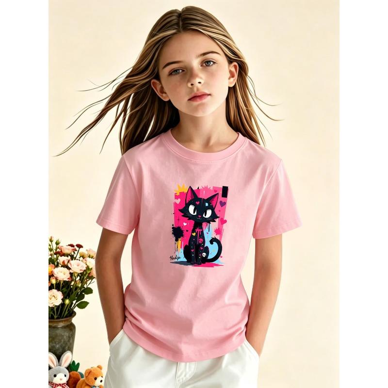 European Sizes Girls' Casual Trendy Short Sleeve Round Neck T-Shirt, Fashionable Individual Trendy Print T-Shirt Versatile, Comfortable Fabric