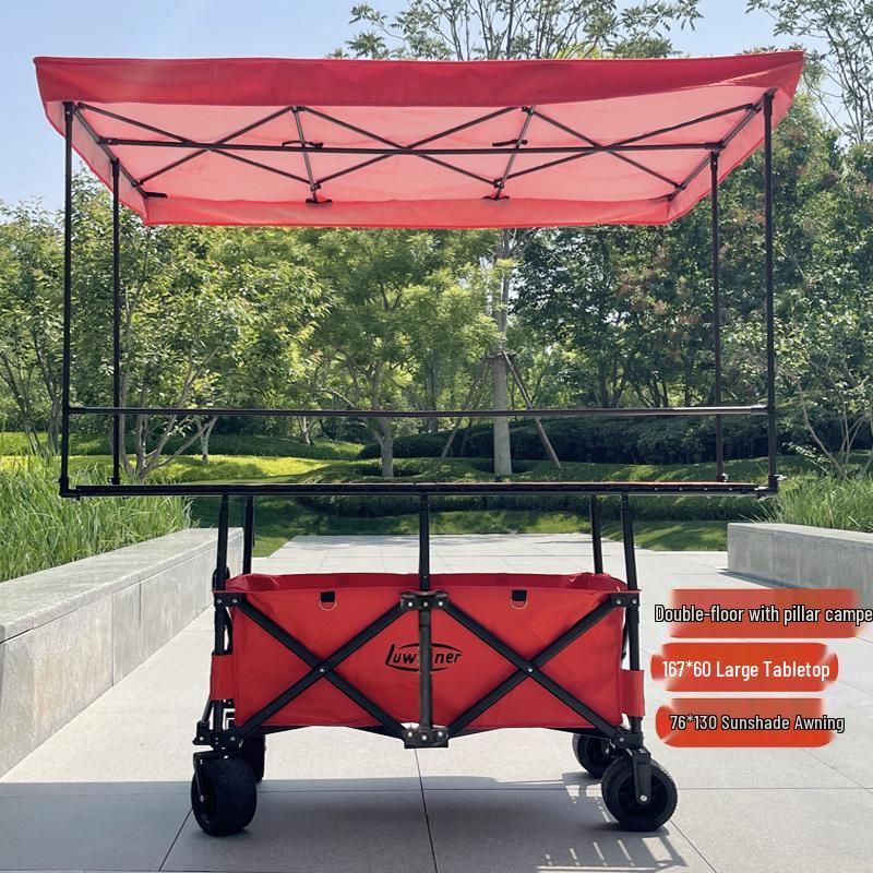 Adjustable Folding Handcart with Umbrella, Elevated Canopy & Table Top for Street Stalls or Camping.