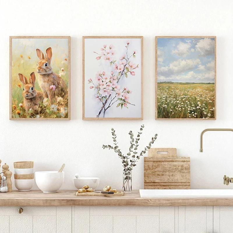 Jarní a Velikonoční Plakát Jarní Louka s Polními Květinami Zaječí Rodina Město Velikonoční Zajíček Plátno Malba Nástěnné Umění Obrázek Domácí Dekorace