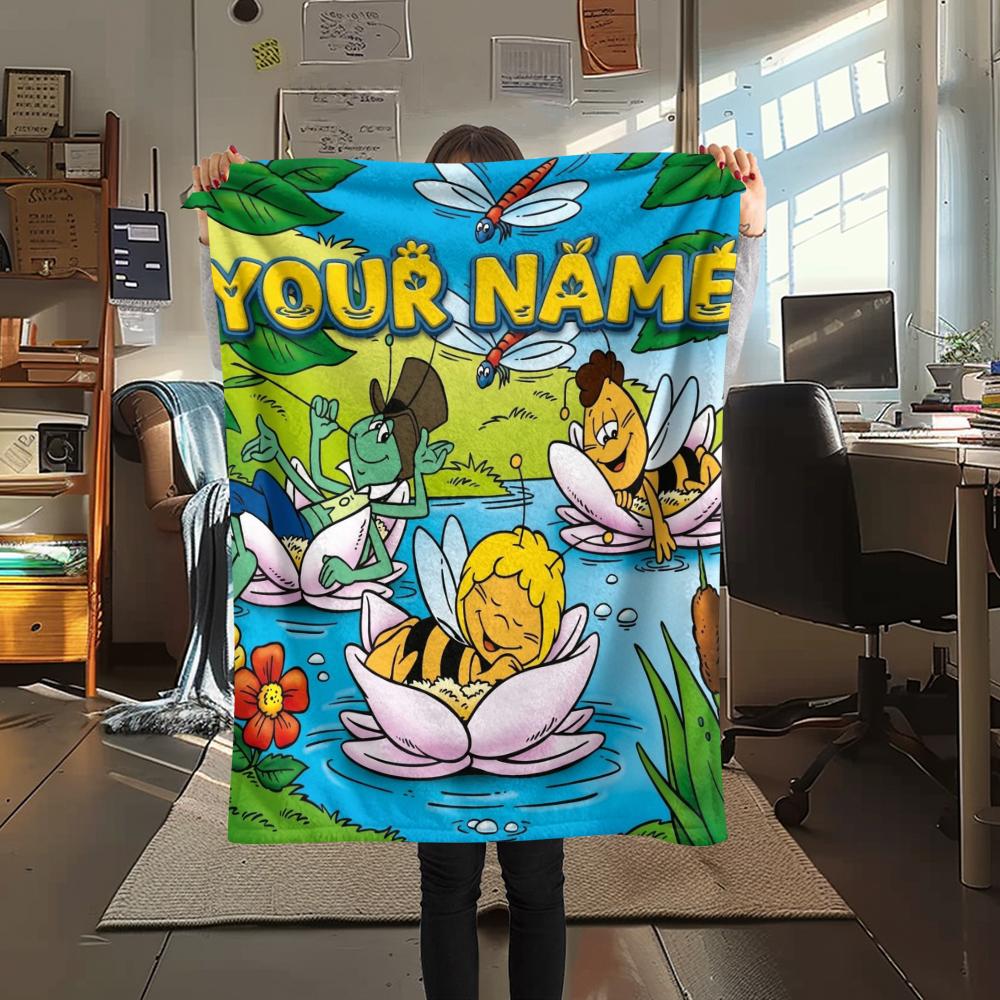 1PC Custom Name Maya the Bee Patterned Flannel Blanket Suitable For All Seasons for Home Decor Warmth and Comfort Gifts Holiday Present