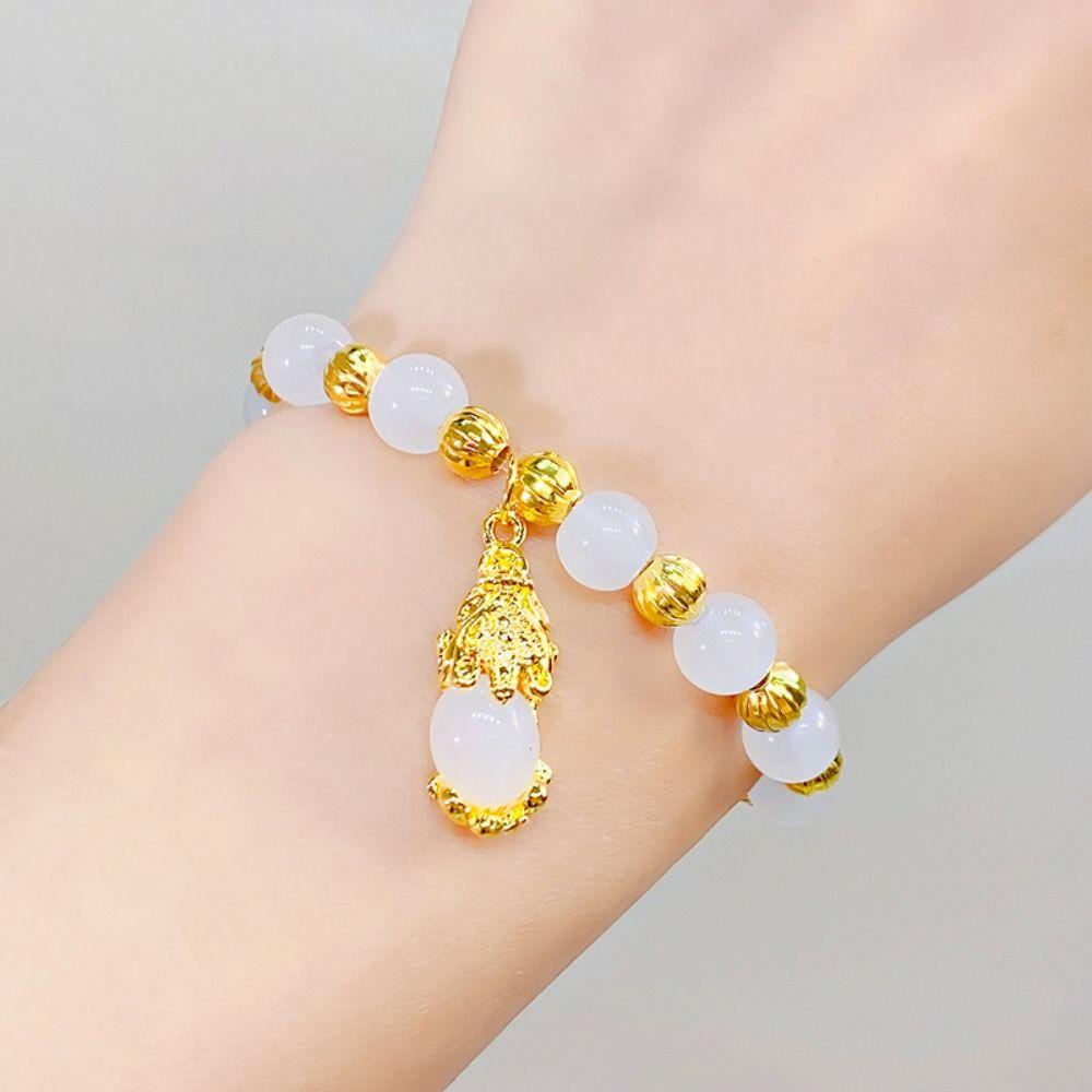 Vintage Imitation Marble Stone Bracelet Chinese Style Beaded Bangles Pixiu Pendant Bracelet  Gifts