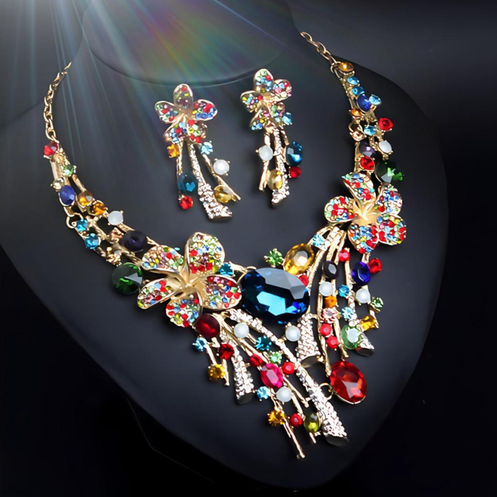 [KK Solis] Orchid Motif Earrings & Necklace Set with Marquise & Teardrop Crystals - Perfect for Concerts, Dance Performances, Recitals,