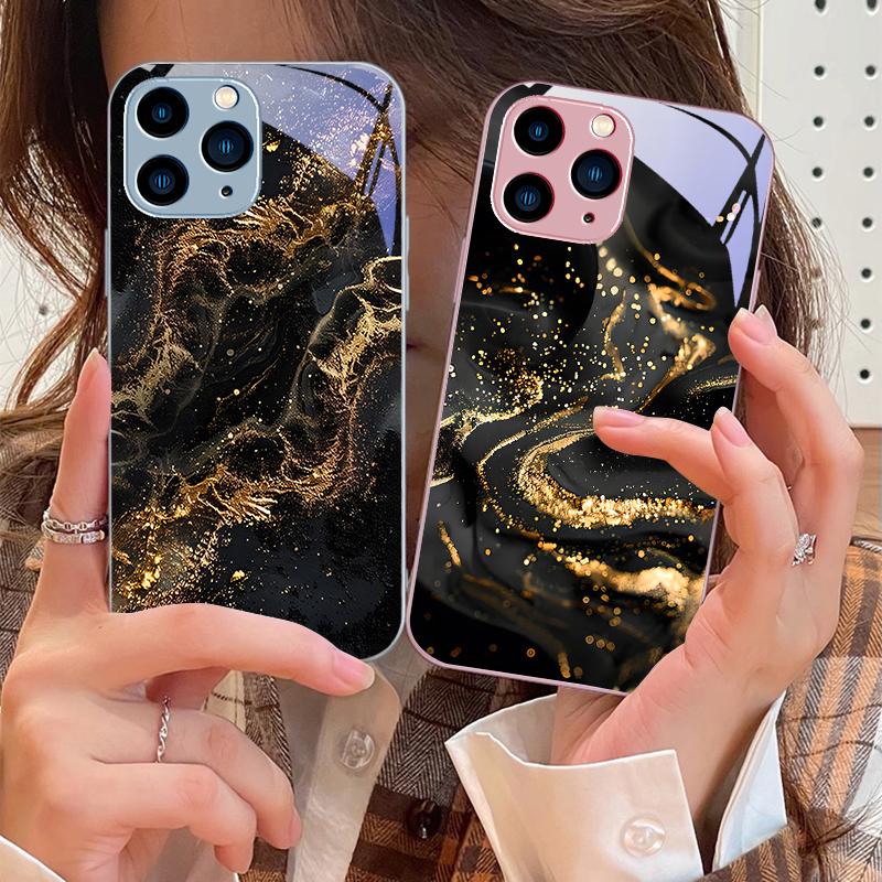 Dunkel Vergoldet Schwarz Für IPhone 16 Pro Max 15 Pro 14 13 12 Mini 11 XS Max XR 7 8 Plus SE 2022 Gehärtetes Glas Handyhülle