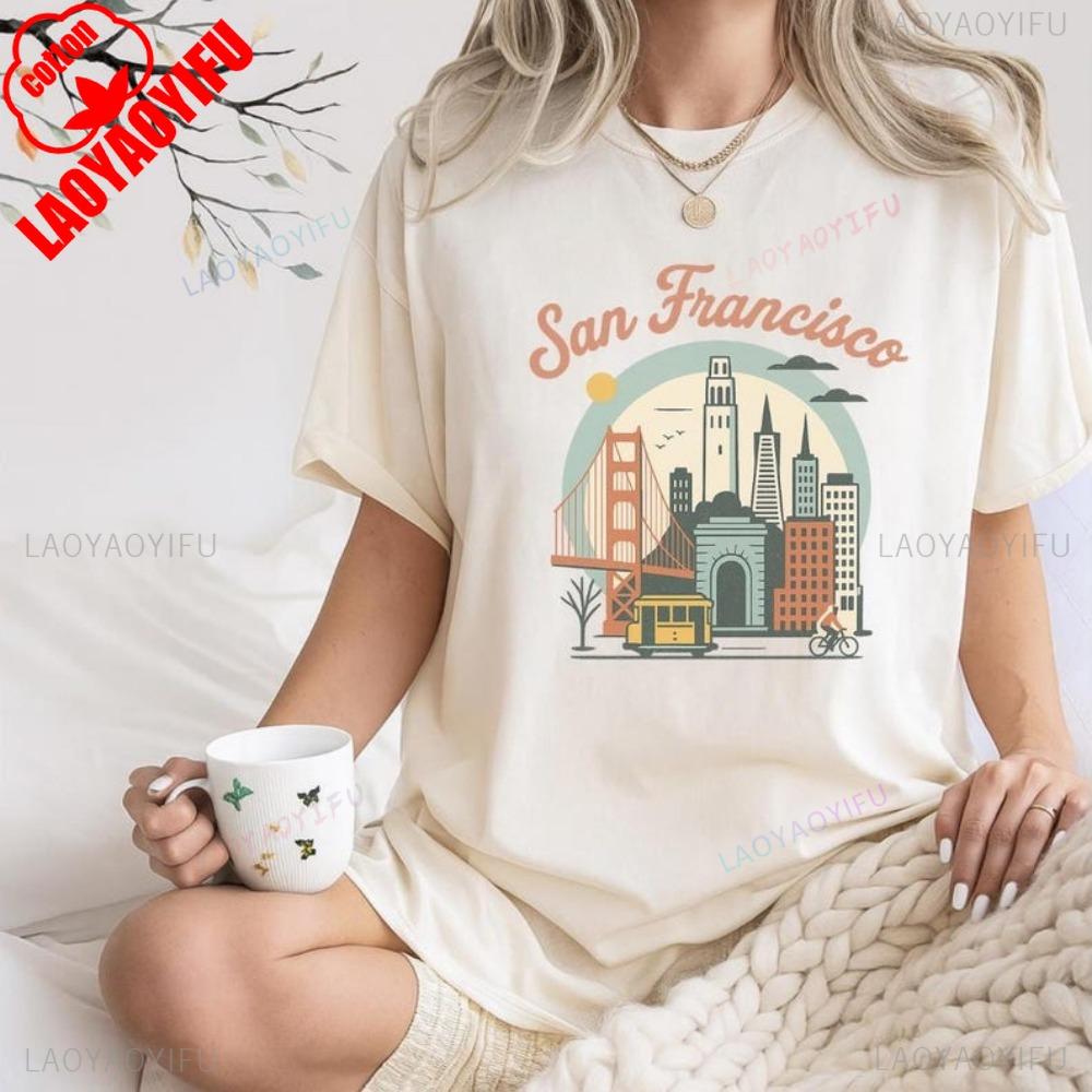 Men's Cotton T-shirt Summer Casual Graphic Tee Short Sleeve San Francisco Skyline Shirt Vintage Golden Gate Bridge T-Shirt Retro Calif Unisex,gift,Top