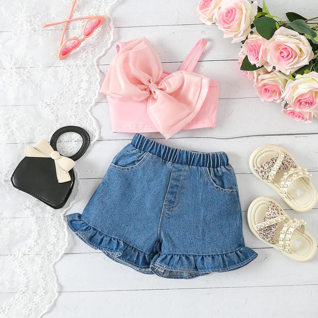 Sweet Girl's Summer Children's Mesh Bow Single-shoulder Strappy Lace Denim Shorts Two-piece Set