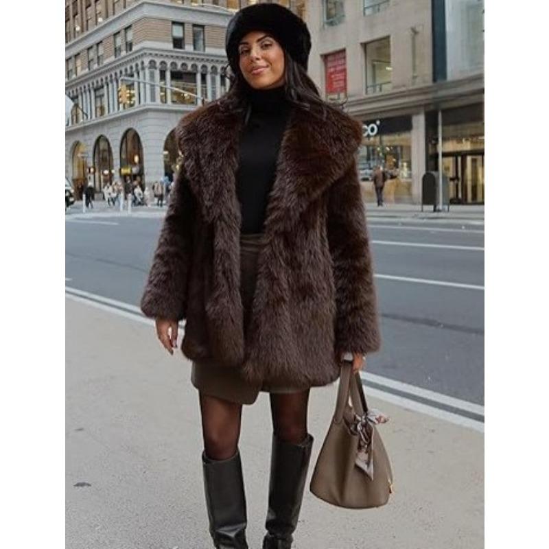 Women's Pink Faux Fur Coat Lapel Mid-Length Warm Winter Outerwear