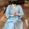 Women V Neck Half Sleeve Embroidered Linen Maxi Dress Loose  Casual Vacation Long Gown