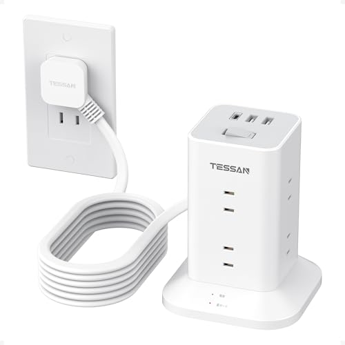 TESSAN Tower Power Strip Extension Cord, 5m, 8 AC Outlets, 3 USB Ports, 180° Swing Plug, Lightning Protection, Multi-Outlet Extension, Octopus-Leg Out