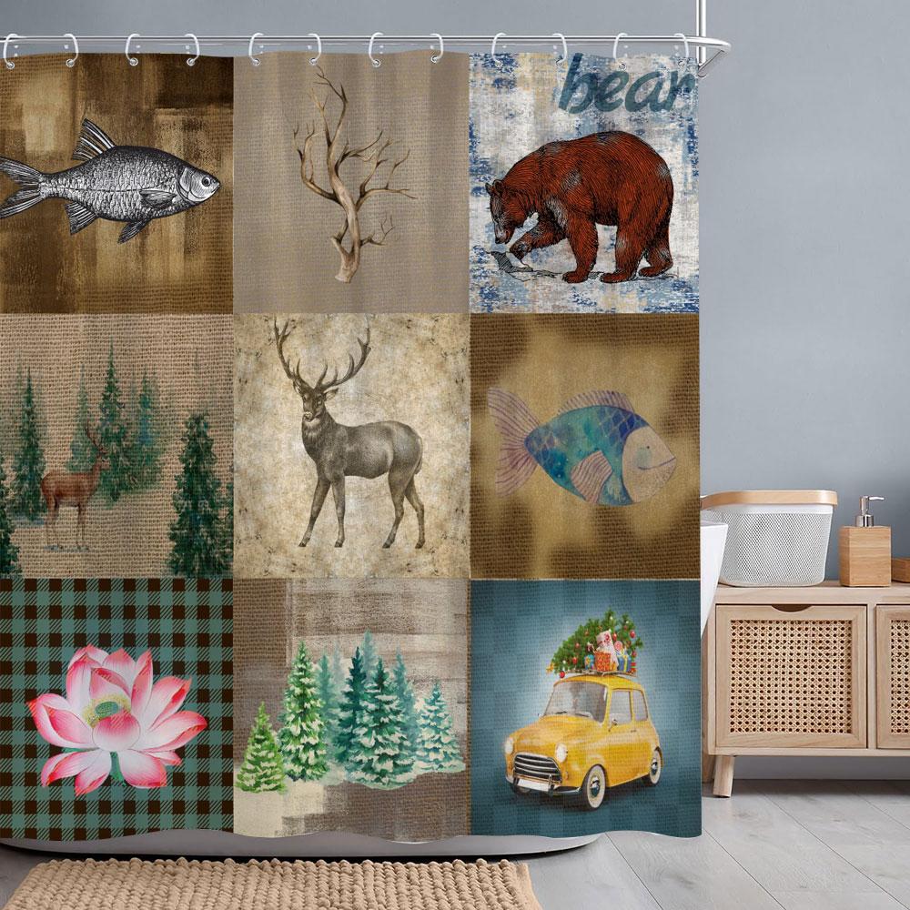 

Vintage Brown Bear Shower Curtain Rustic Wooden Panel Texas Star Black And White Check Jungle Fabric Bath Curtain Bathroom Decor W60H190(CM)-1 Pcs