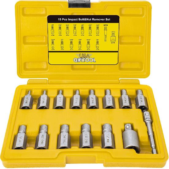 15 PCS Screw Extractor Set with 3/8" Inch Drive, Hex Head Multi-Spline Easy Out Allen Screw Extractor Kit Stripped Bolt Removal Tool for Removing