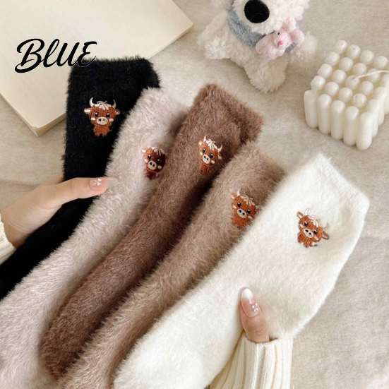 Cute Cartoon Embroidery Socks 5 Pairs Imitation Mink Plush for Women Soft Thermal Winter Socks Non Slip Velvet Thickened Sleep with Embroidery,