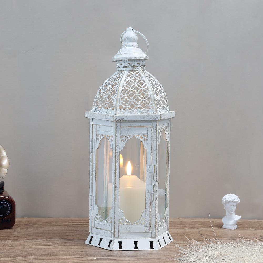 Small Vintage White Hanging Candle Lantern Metal Candle Holder for Home Wedding Decor