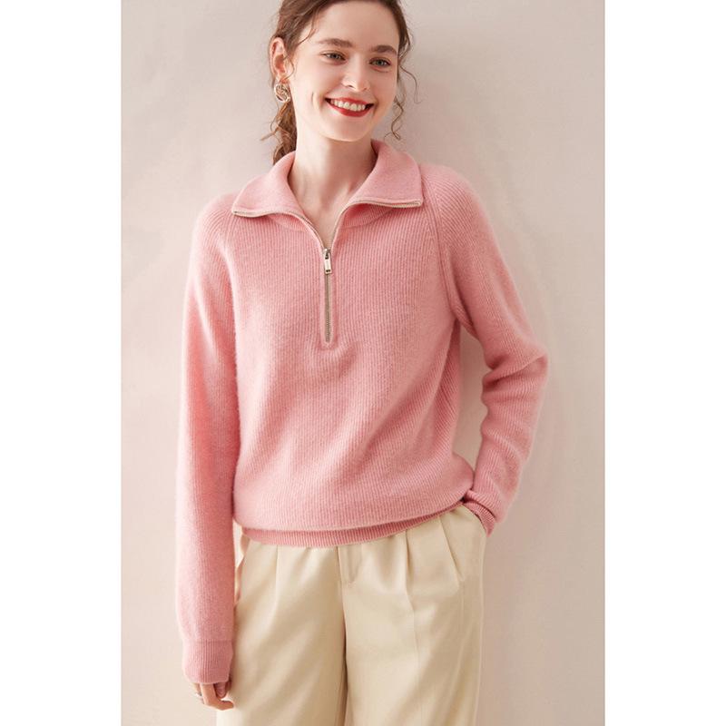 2026 Autumn/Winter Women's 100% Wool Zipper Pullover Sweater - Thick, Loose, and Cozy Base Layer