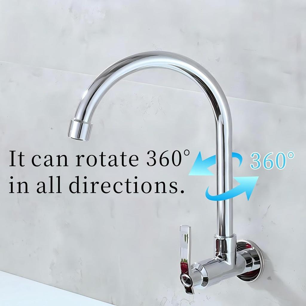 Rubinetto da Cucina, Rubinetto per Lavello Singolo Tubo Freddo a Parete, Girevole a 360°, Filettatura G1/2pollice, Rubinetto da Cucina Senza Tubo, Uscita in Rame