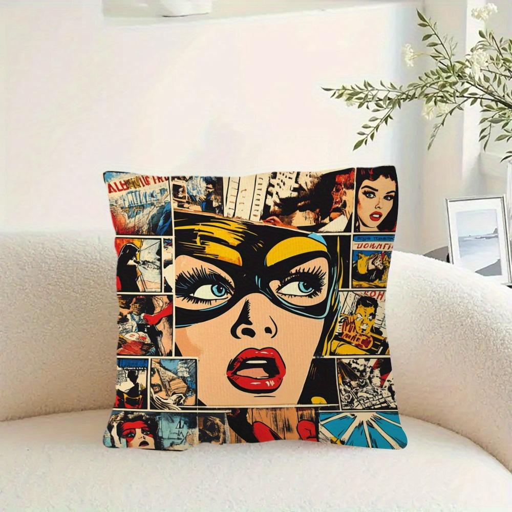 Retro Pop Art Comic Book Print Throw Pillow Cover Vintage Superhero Girl Collage Cushion Case For Trendy Home Decor Sofa Couch