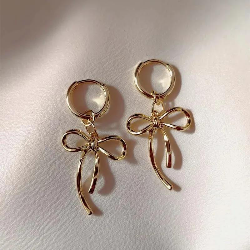 Korean Fashion Silver Color Bowknot Hoop Earrings for Women Egirl Simple Metal Long Bow Pendant Earrings Aesthetic Y2K Jewelry