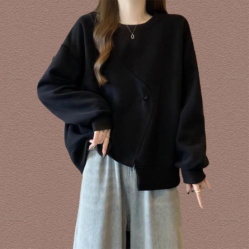 Fashion Women's Lazy Style Round Neck Irregular Sweatshirt Autumn Loose Button Splicing Long-sleeved Top Pullover