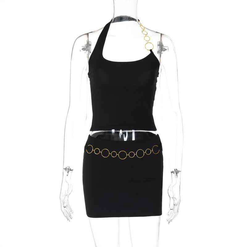 

Sexy Sexy Fashion Suit Women s Ring Chain Patchwork Halter Spaghetti Straps Vest High Waist Skirt Two-piece Set Black S