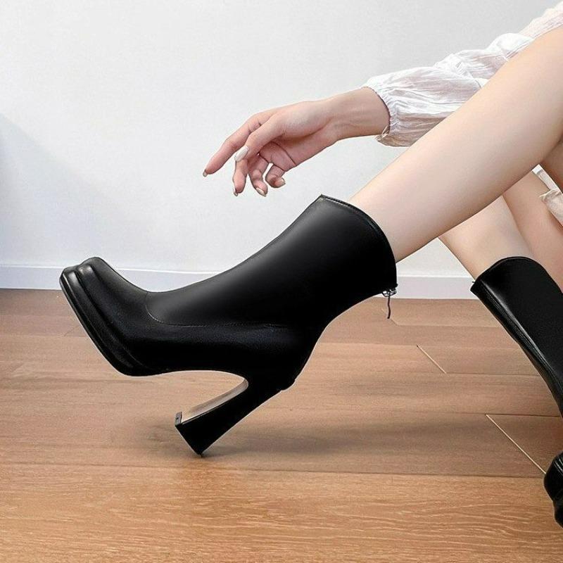 White waterproof table high-heeled fashion boots women's new heightening short boots in autumn and winter square head thick heel thin elastic boots