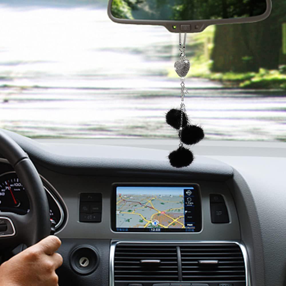 Bling Car Mirror Accessories for Women Men Love Heart and Pink Plush Ball Rinestones Car Accessories Car Rear View Mirror Charms