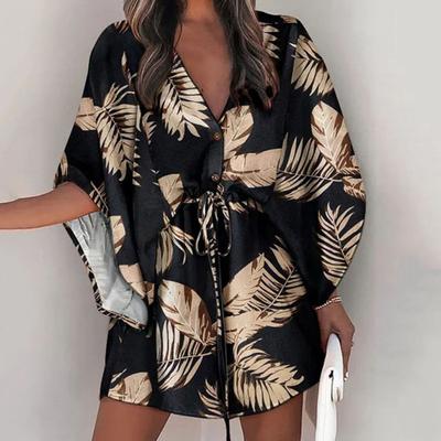 Summer V-Neck Flying Half Sleeve Women Mini Dress Floral Printing Waist Drawstring Beach Holiday Dress