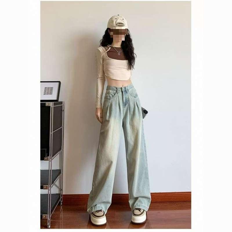 

Women s Light Wide-Leg Pleated Jeans - Spring 2026 Floor-Length Drape Style XL