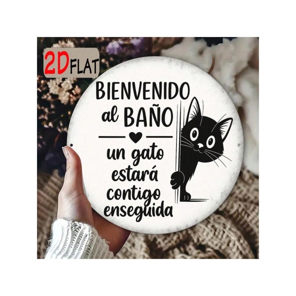 Round Black Cat Welcome Metal Wall Sign