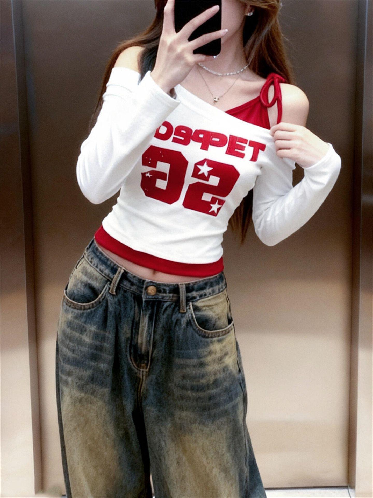 

210g Fine Cotton Spicy Girl Print Color Block Base Layer Top - Early Autumn Arrival S белый