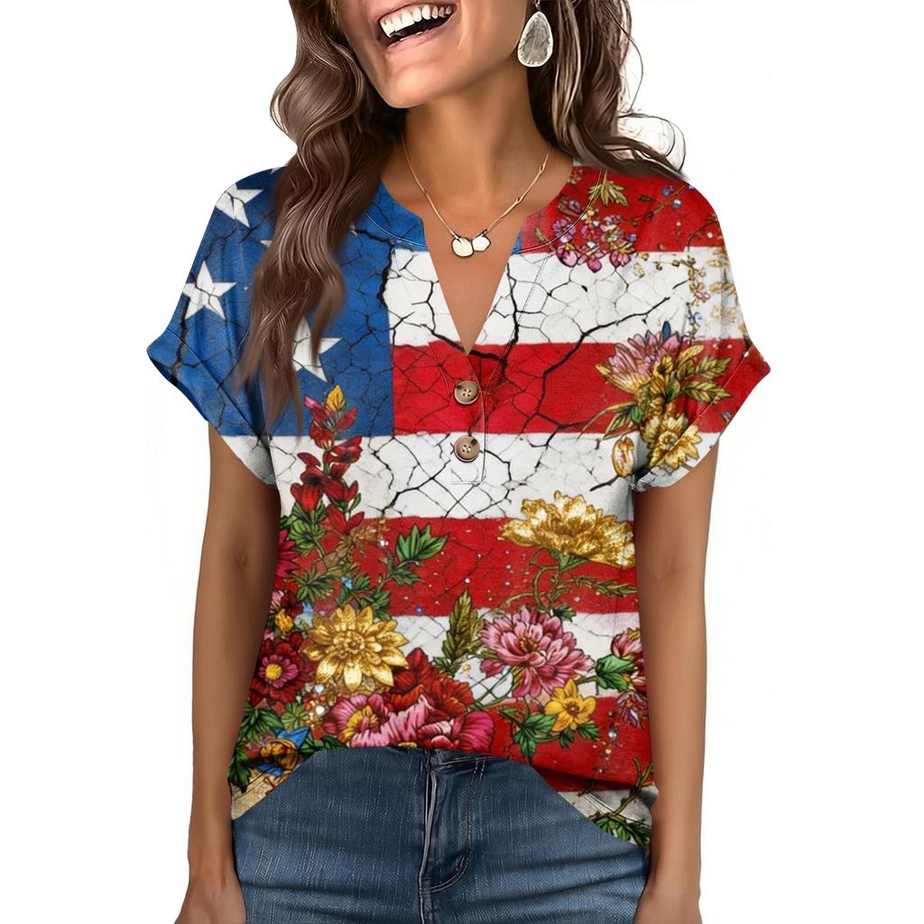 Women's Fashionable Casual Loose-Fit Short-Sleeved Button-Up V-Neck Printed T-Shirt Top