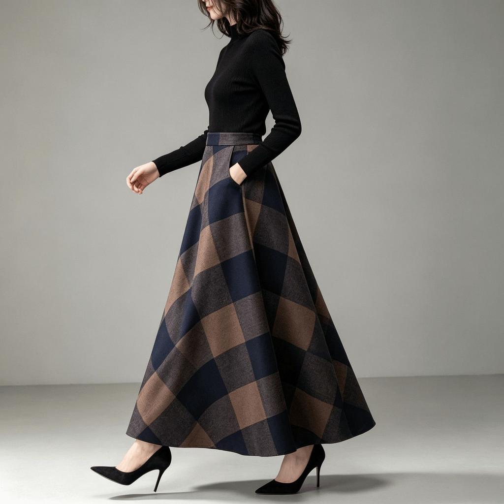Falda de Cuadros Falda de Línea A Fina Gran Oscilación Falda Larga Falda Mediana Larga Primavera y Otoño Nueva Ropa para Mujer Tallas Grandes