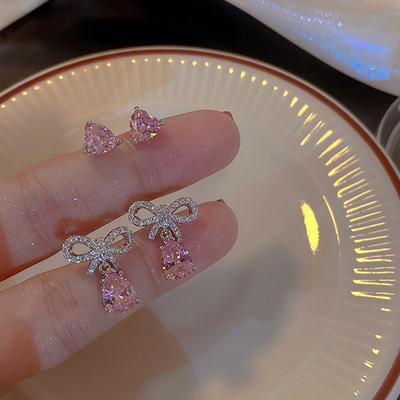 1/2Pair Shining Pink Zircon Waterdrop Bow Stud Earrings Romantic Heart Jewelry