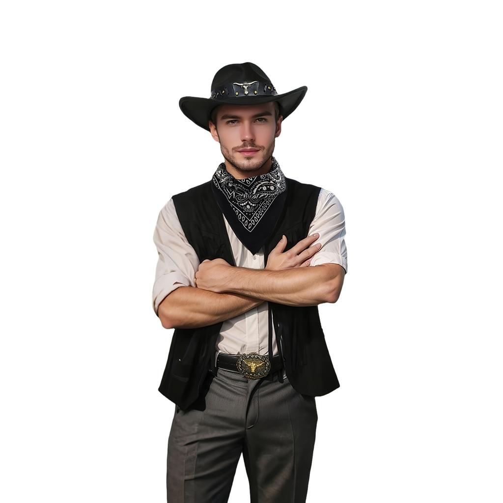 Men's Costume Set with Fringed Vest Hat Belt Bandana 6-Piece Outfit for Halloween Party