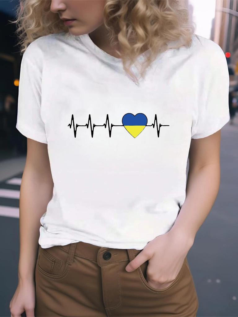 Women's Loose Colorful ECG Print Short Sleeve T-Shirt (European and American Style)