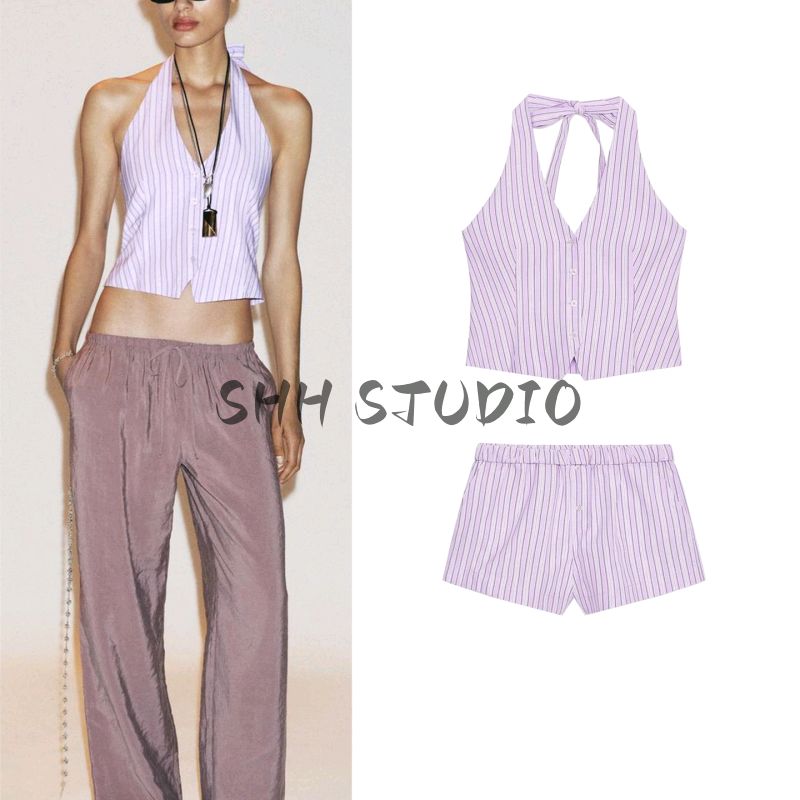 Summer New Arrival Women's Clothing Stripes Vest Style Tops 6929778 Curling Waist Mini Shorts 6929439