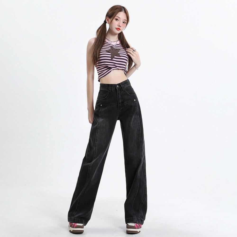 Personalized versatile high-waisted wide-leg jeans women's spring and autumn new design sense thin straight niche floor pants