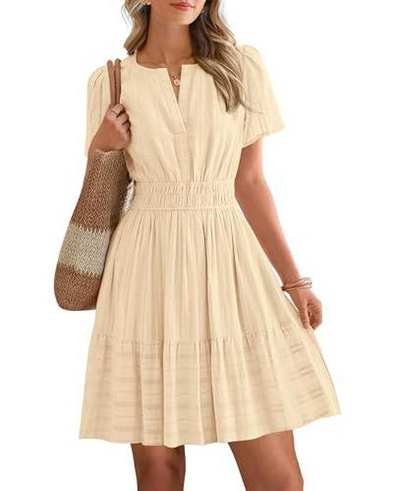 European & American V-neck Pleated Puff Sleeve Layered Dress for Women