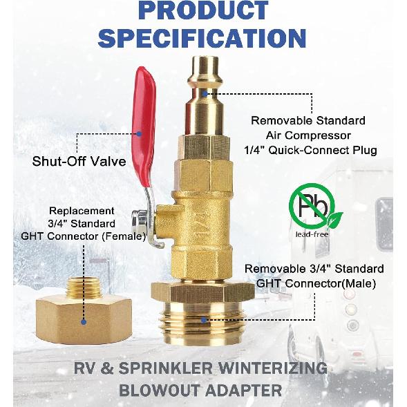 RV Winterizing Kit, RV Blowout Adapter With Shut Off Valve, Sprinkler Blowout Adapter With Quick-Connect Plug To 3/4" Garden Hose, Camper Winterize